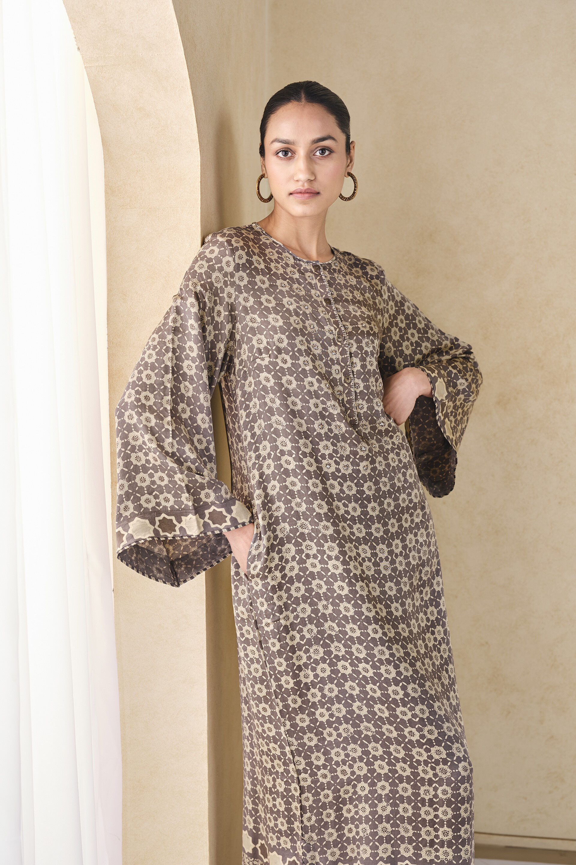 Sargassum Handcrafted Ajrakh Silk Kaftan - Grey, Grey, image 5